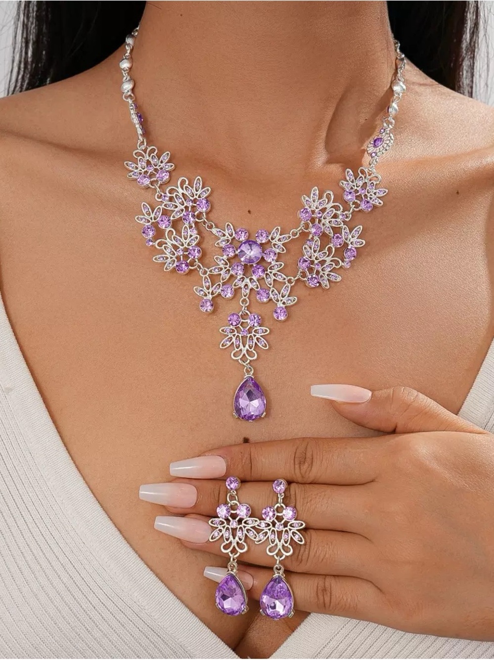 Anthropologie Silver-Tone Purple Crystal Floral Necklace & Earrings